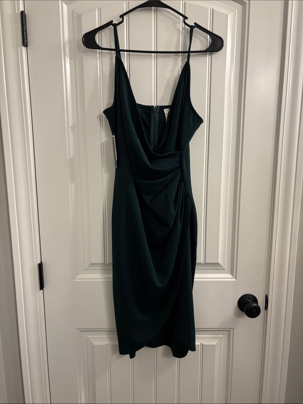 Draped Spaghetti-Strap Midi Dress in Dark Green
